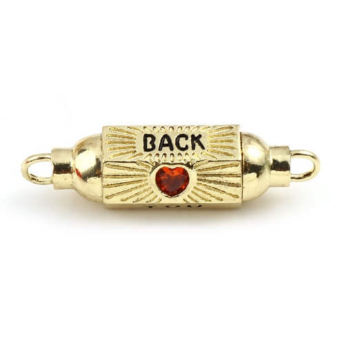 Picture of Brass Valentine's Day Connectors Hexagonal Prism Gold Plated Black Heart Message " YOU BACK " Enamel Orange Rhinestone 36mm x 11mm, 1 Piece                                                                                                                   