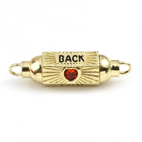 Picture of Brass Valentine's Day Connectors Hexagonal Prism Gold Plated Black Heart Message " YOU BACK " Enamel Orange Rhinestone 36mm x 11mm, 1 Piece                                                                                                                   