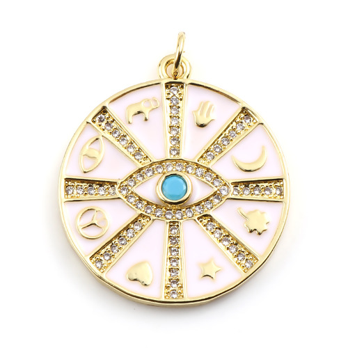 Imagen de Latón Religión Colgantes Chapado en Oro Blanco Ronda Símbolo Mano Hamsa Micro Pave Transparente Rhinestone 31mm x 25mm, 1 Unidad