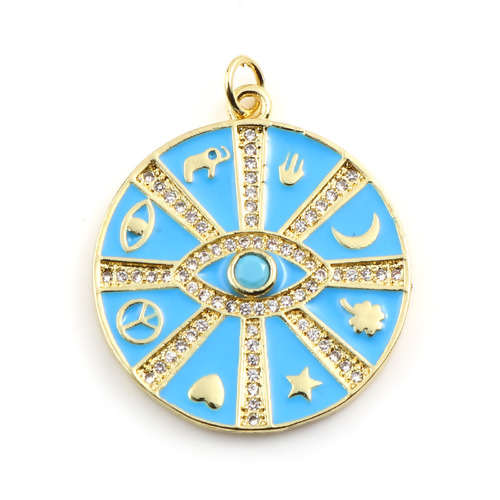 Imagen de Latón Religión Colgantes Chapado en Oro Azul Ronda Símbolo Mano Hamsa Micro Pave Transparente Rhinestone 31mm x 25mm, 1 Unidad