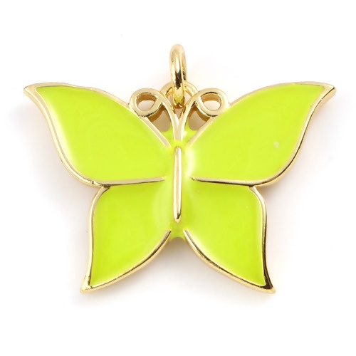 Immagine di Ottone Insetto Charms Giallo Fluorescente Farfalla Smalto 24mm x 19mm, 2 Pz