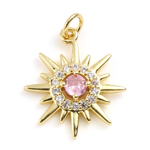Picture of Brass Galaxy Charms Gold Plated Sun Micro Pave Clear Rhinestone Light Pink Cubic Zirconia 24mm x 18mm, 1 Piece                                                                                                                                                