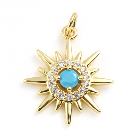 Picture of Brass Galaxy Charms Gold Plated Green Blue Sun Micro Pave Clear Rhinestone 24mm x 18mm, 1 Piece                                                                                                                                                               