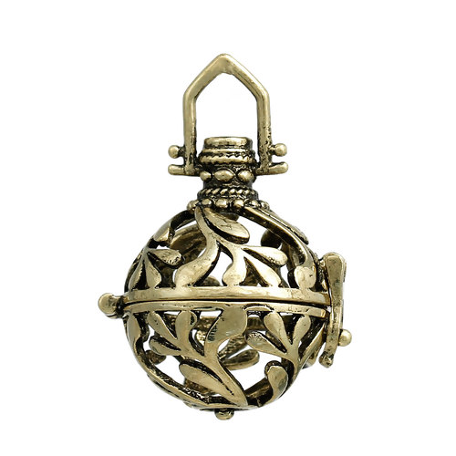 Picture of Copper Mexican Angel Caller Bola Harmony Ball Wish Box Pendants Antique Bronze (Can Hold ss16 Rhinestone) Leaf Carved Can Open (Fit Bead Size: 16mm) 36mm(1 3/8") x 25mm(1"), 1 Piece