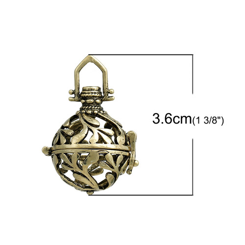 Picture of Copper Mexican Angel Caller Bola Harmony Ball Wish Box Pendants Antique Bronze (Can Hold ss16 Rhinestone) Leaf Carved Can Open (Fit Bead Size: 16mm) 36mm(1 3/8") x 25mm(1"), 1 Piece