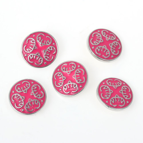 Picture of 20mm Zinc Based Alloy Snap Button Round Silver Tone Fuchsia Enamel Pattern Carved Fit Snap Button Bracelets, Knob Size: 5.5mm( 2/8"), 1 Piece