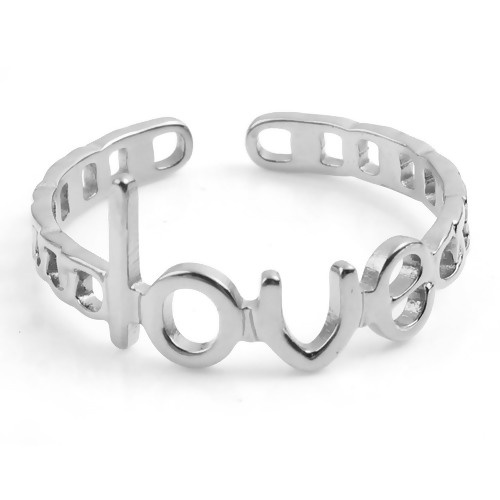 Picture of Stainless Steel Open Adjustable Rings Silver Tone " Love " 18.5mm(US size 8.5), 1 Piece