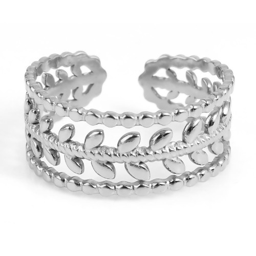 Picture of Stainless Steel Open Adjustable Rings Silver Tone Leaf Dot Multilayer 18.5mm(US size 8.5), 1 Piece