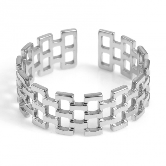 Picture of Stainless Steel Open Adjustable Rings Silver Tone Grid Checker 18.5mm(US size 8.5), 1 Piece