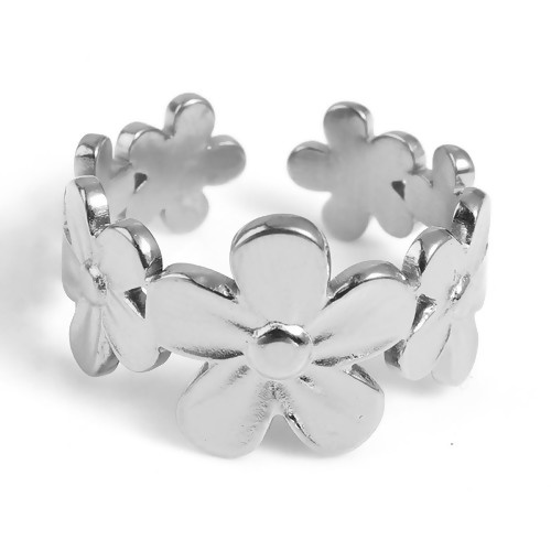 Picture of Stainless Steel Open Adjustable Rings Silver Tone Flower 18.5mm(US size 8.5), 1 Piece