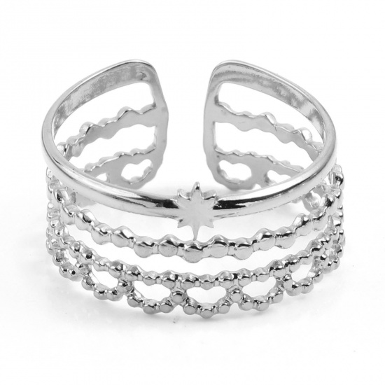 Picture of Stainless Steel Open Adjustable Rings Silver Tone Heart Star Multilayer 18.5mm(US size 8.5), 1 Piece