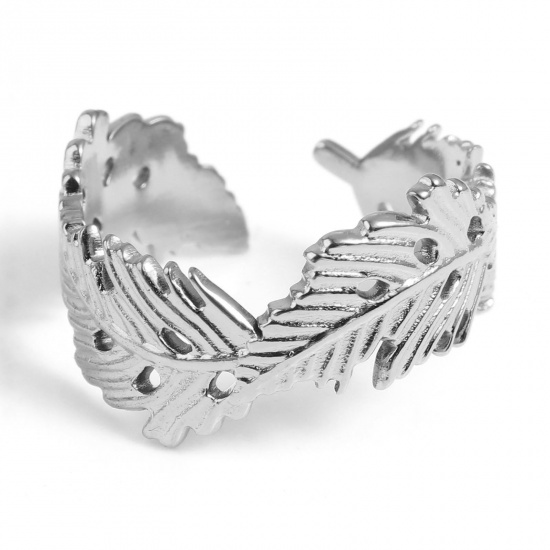 Picture of Stainless Steel Open Adjustable Rings Silver Tone Feather 18.5mm(US size 8.5), 1 Piece