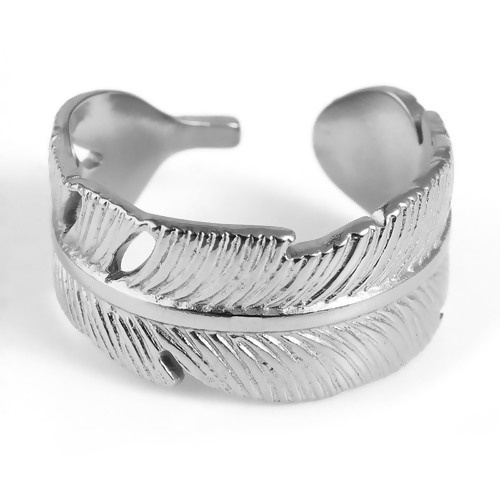 Picture of Stainless Steel Open Adjustable Rings Silver Tone Feather 18.5mm(US size 8.5), 1 Piece
