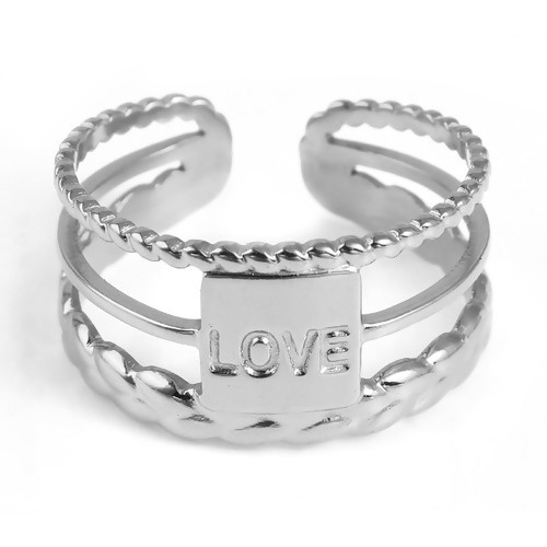 Picture of Stainless Steel Open Adjustable Rings Silver Tone Rectangle " LOVE " Multilayer 18.5mm(US size 8.5), 1 Piece