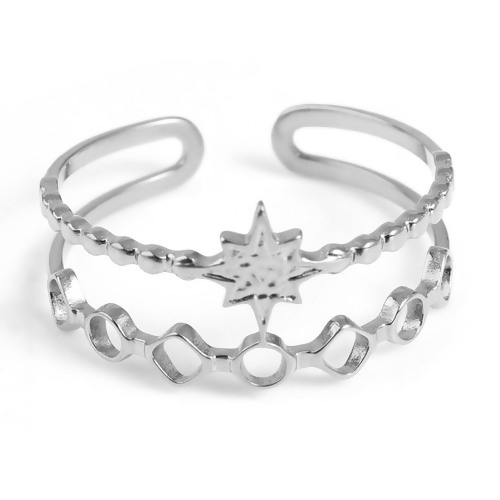 Picture of Stainless Steel Open Adjustable Rings Silver Tone Round Star 18.5mm(US size 8.5), 1 Piece