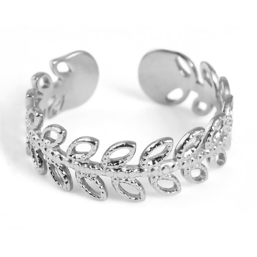 Picture of Stainless Steel Open Adjustable Rings Silver Tone Leaf 18.5mm(US size 8.5), 1 Piece