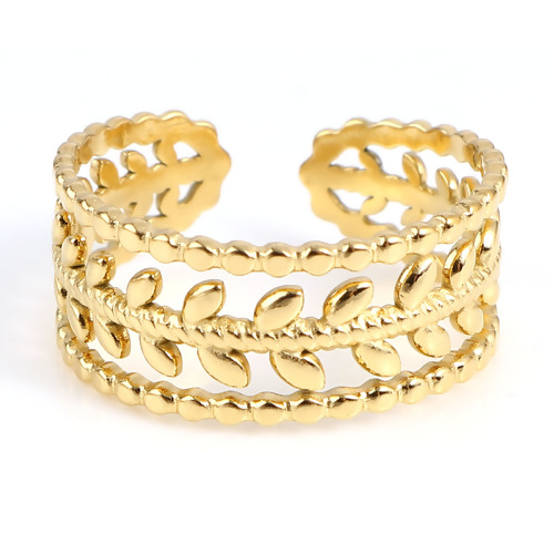Picture of Stainless Steel Open Adjustable Rings Gold Plated Leaf Dot Multilayer 18.5mm(US size 8.5), 1 Piece