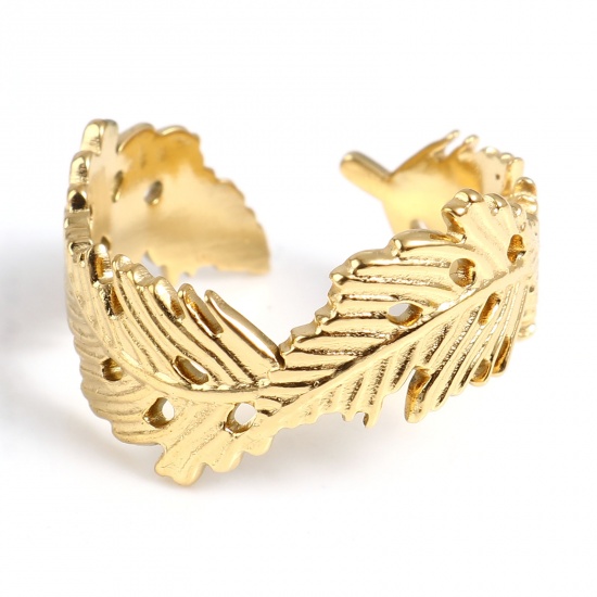 Picture of Stainless Steel Open Adjustable Rings Gold Plated Feather 18.5mm(US size 8.5), 1 Piece