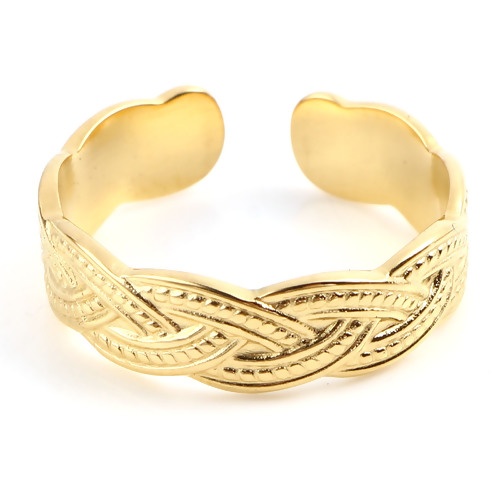 Picture of Stainless Steel Open Adjustable Rings Gold Plated Weave Textured 18.5mm(US size 8.5), 1 Piece