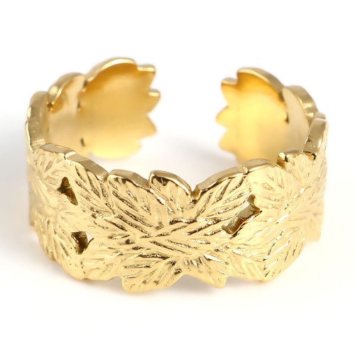 Picture of Stainless Steel Open Adjustable Rings Gold Plated Leaf 18.5mm(US size 8.5), 1 Piece