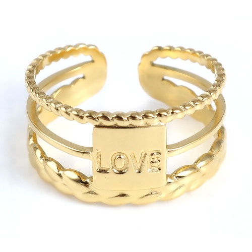 Picture of Stainless Steel Open Adjustable Rings Gold Plated Rectangle " LOVE " Multilayer 18.5mm(US size 8.5), 1 Piece