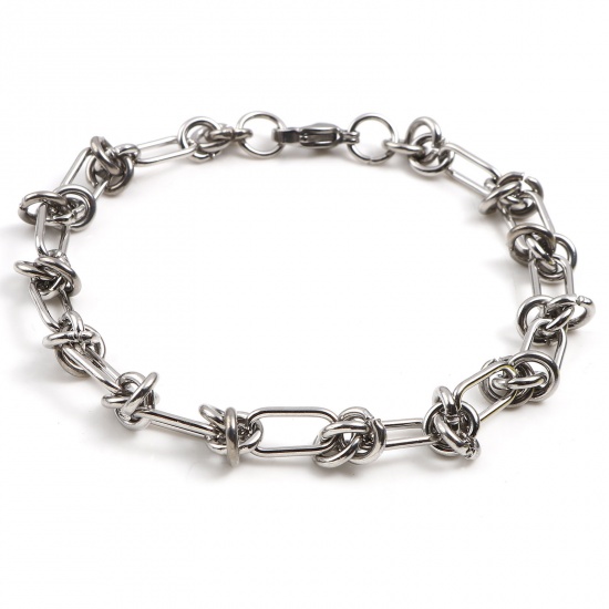 Picture of 201 Stainless Steel Link Chain Bracelets Silver Tone Knot 22cm(8 5/8") - 21.5cm(8 4/8") long, 1 Piece
