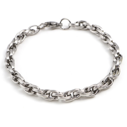 Picture of 201 Stainless Steel Braided Rope Chain Bracelets Silver Tone Carved Pattern 22cm(8 5/8") - 21.5cm(8 4/8") long, 1 Piece