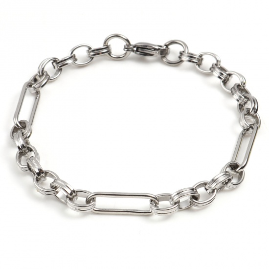 Picture of 201 Stainless Steel 5:1 Link Chain Bracelets Silver Tone Oval 22cm(8 5/8") - 21.5cm(8 4/8") long, 1 Piece