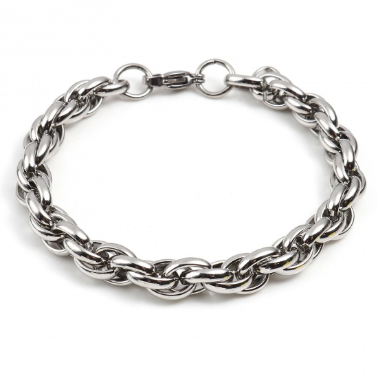 Picture of 201 Stainless Steel Braided Rope Chain Bracelets Silver Tone 22cm(8 5/8") - 21.5cm(8 4/8") long, 1 Piece
