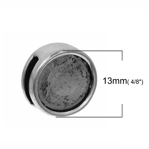 Picture of Zinc Based Alloy Slide Beads Flat Round Antique Silver Cabochon Settings (Fits 11mm Dia.) About 13mm Dia, Hole:Approx 8mm x 2mm (Fits 8mm x 2mm Cord), 10 PCs
