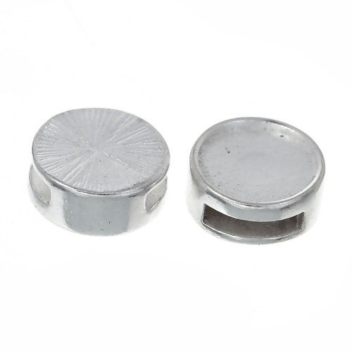 Picture of Zinc Based Alloy Slide Beads Flat Round Silver Plated Cabochon Settings (Fits 11mm Dia.) About 13mm Dia, Hole:Approx 8mm x 2mm (Fits 8mm x 2mm Cord), 10 PCs