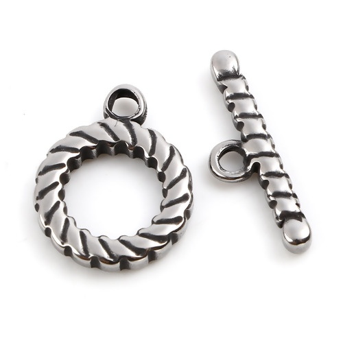 Picture of 304 Stainless Steel Toggle Clasps Round Stripe Antique Silver Color 21x6.5mm 18x15mm, 1 Set