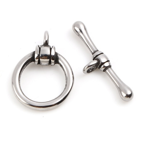 Picture of 304 Stainless Steel Toggle Clasps Round Antique Silver Color 21x6mm 17x13mm, 1 Set
