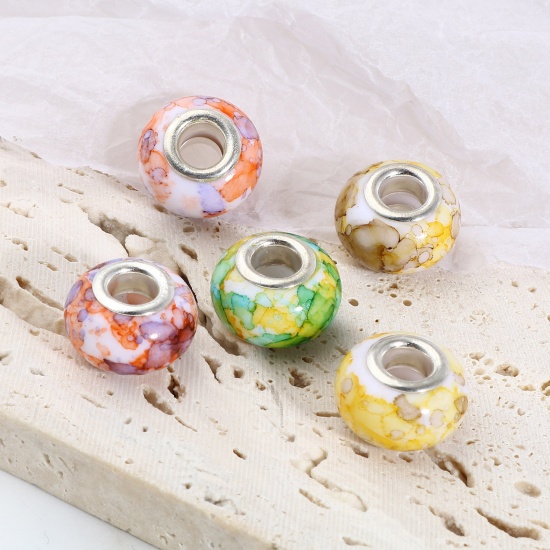 Picture of Zinc Based Alloy & Resin European Style Large Hole Charm Beads Silver Tone At Random Color Round 14mm Dia., Hole: Approx 5mm, 20 PCs