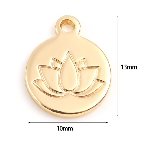 Picture of Brass Religious Charms Round 18K Real Gold Plated Lotus Flower 13mm x 10mm, 2 PCs                                                                                                                                                                             