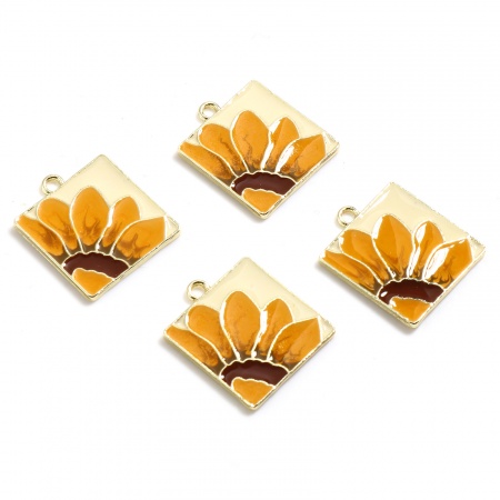 Lega di Zinco Charms Quadrato Oro Placcato Giallo & Arancione Fiore 21mm x 18mm , 5 Pz