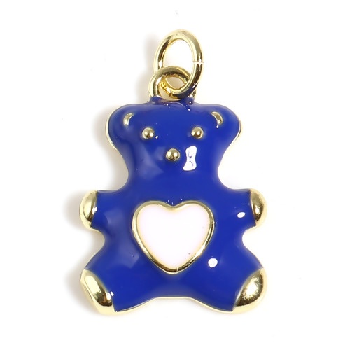 Picture of Brass Charms Gold Plated Royal Blue Bear Animal Heart W/ Jump Ring Enamel 22mm x 13.5mm, 1 Piece                                                                                                                                                              