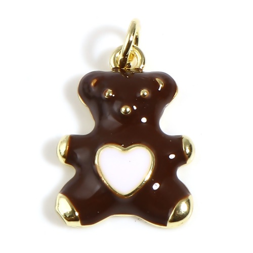 Picture of Brass Charms Gold Plated Coffee Bear Animal Heart W/ Jump Ring Enamel 22mm x 13.5mm, 1 Piece                                                                                                                                                                  