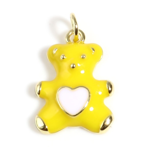 Picture of Brass Charms Gold Plated Yellow Bear Animal Heart W/ Jump Ring Enamel 22mm x 13.5mm, 1 Piece                                                                                                                                                                  