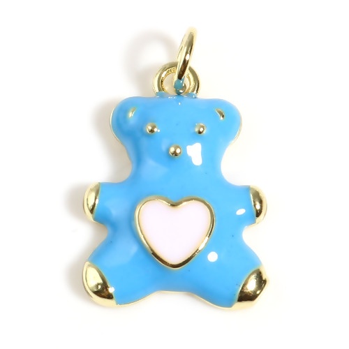 Picture of Brass Charms Gold Plated Lake Blue Bear Animal Heart W/ Jump Ring Enamel 22mm x 13.5mm, 1 Piece                                                                                                                                                               