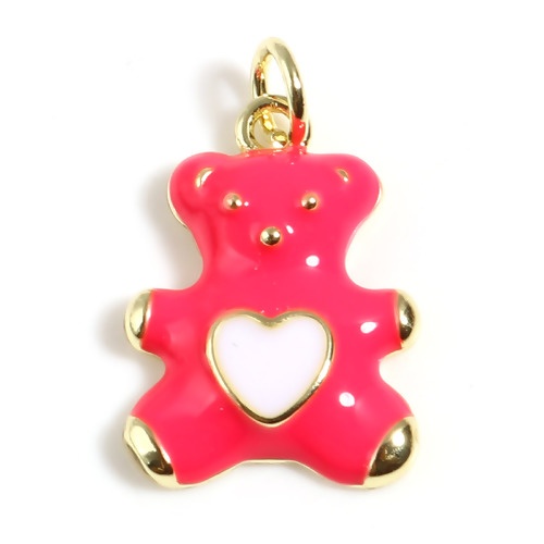 Picture of Brass Charms Gold Plated Fuchsia Bear Animal Heart W/ Jump Ring Enamel 22mm x 13.5mm, 1 Piece                                                                                                                                                                 
