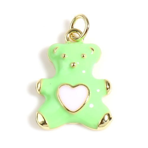 Picture of Brass Charms Gold Plated Green Bear Animal Heart W/ Jump Ring Enamel 22mm x 13.5mm, 1 Piece                                                                                                                                                                   