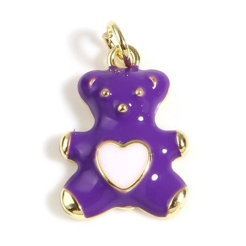 Picture of Brass Charms Gold Plated Purple Bear Animal Heart W/ Jump Ring Enamel 22mm x 13.5mm, 1 Piece                                                                                                                                                                  