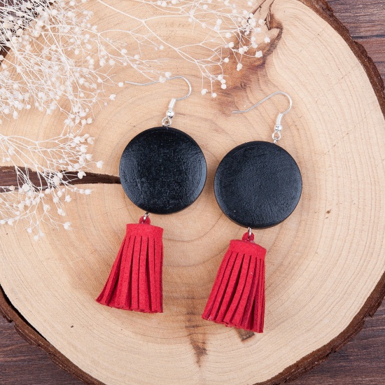 Picture of Velvet Faux Suede Red Tassel Earrings Hook Round Silver Plated Black 67mm(2 5/8") x 27mm(1 1/8"), Post/ Wire Size: (21 gauge), 1 Pair