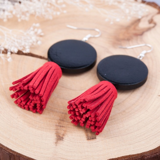 Picture of Velvet Faux Suede Red Tassel Earrings Hook Round Silver Plated Black 67mm(2 5/8") x 27mm(1 1/8"), Post/ Wire Size: (21 gauge), 1 Pair