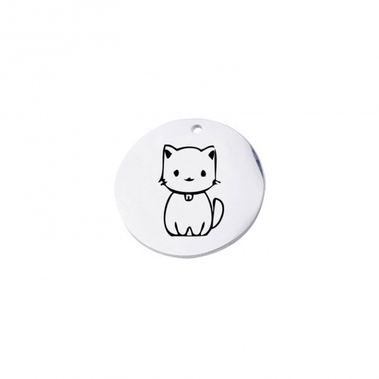 Picture of Stainless Steel Charms Round Silver Tone Cat 20mm Dia., 1 Piece