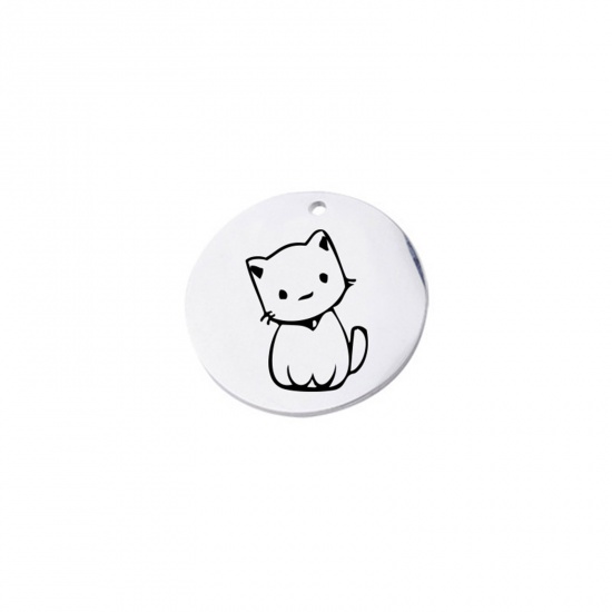 Picture of Stainless Steel Charms Round Silver Tone Cat 20mm Dia., 1 Piece