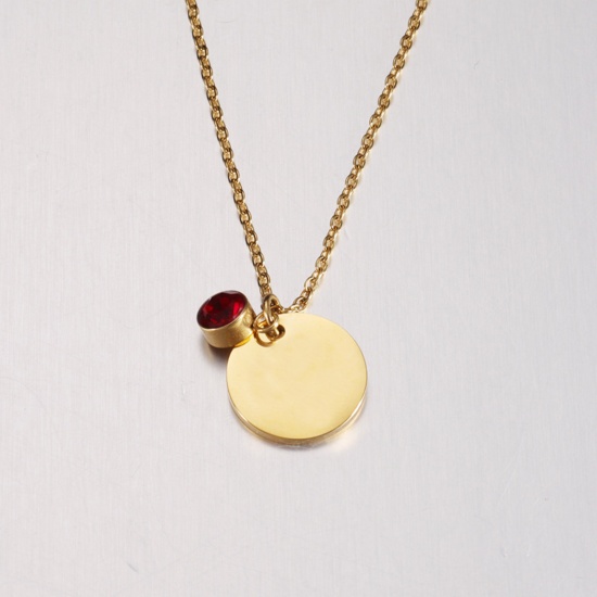 Picture of Stainless Steel Birthstone Necklace Gold Plated Round January Blank Stamping Tags Wine Red Cubic Zirconia 45cm(17 6/8") long, 1 Piece