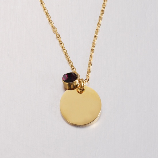 Picture of Stainless Steel Birthstone Necklace Gold Plated Round February Blank Stamping Tags Purple Cubic Zirconia 45cm(17 6/8") long, 1 Piece