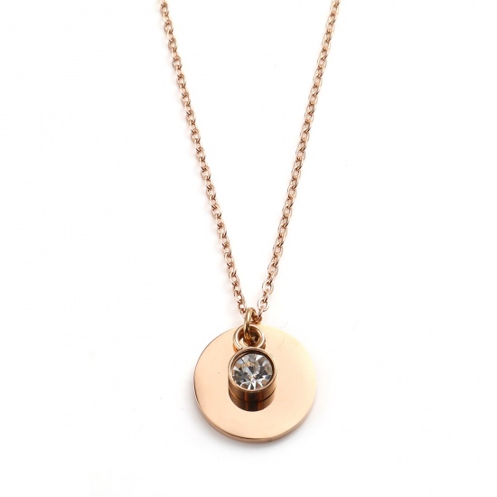 Picture of Stainless Steel Birthstone Necklace Rose Gold Round April Blank Stamping Tags Clear Cubic Zirconia 45cm(17 6/8") long, 1 Piece